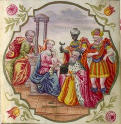 Ankunft der Heiligen Drei Könige an der Krippe zu Bethlehem, Illustration aus einem der beiden Stammbücher der Memminger Meistersinger (Stadtarchiv Memmingen)