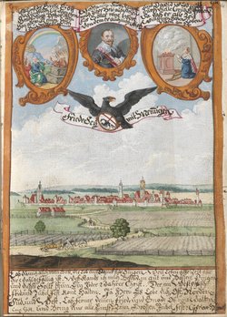 Ausschnitt aus einem Meistersinger-Stammbuch mit einer Memminger Stadtansicht (Stadtarchiv Memmingen)